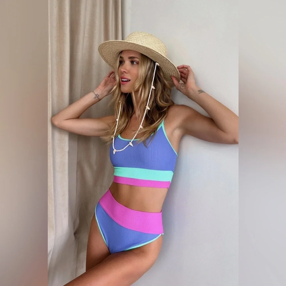 Beach Riot Big Girls Eva & Emmie Two Piece Swimsuit High Tide Colorblock 13/14